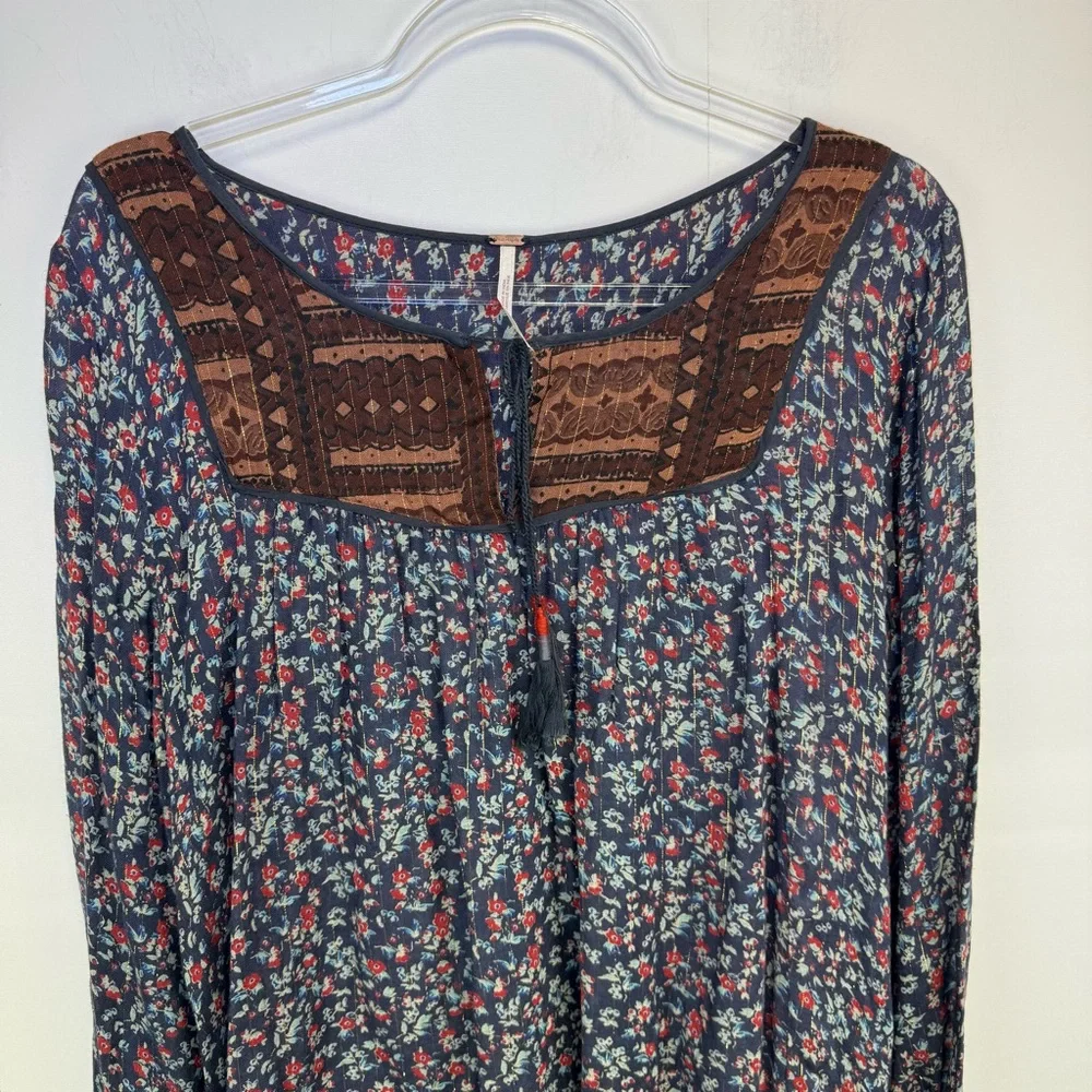 Free‎ People Dream Lovers Tunic Navy Brown Floral metallic Medium Boho Festival